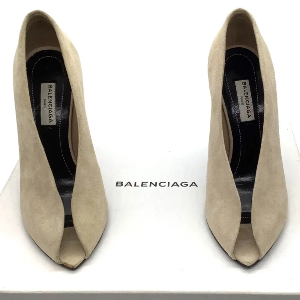 BALENCIAGA Split Vamp Stiletto Pumps 36 6 Booties Peep Toe Suede Neutral Beige